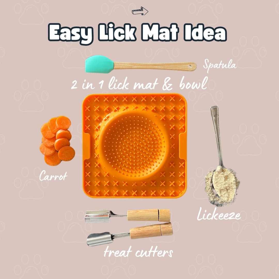 Easy Lick Mat Idea: An orange two-in-one dog lick mat and bowl surrounded by a spatula, carrot slices, treat cutters, and a spoon with a treat spread called Lickeeze, labeled for easy understanding.
